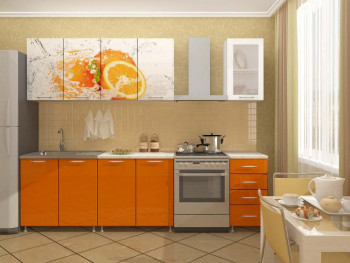 Кухонный гарнитур 1,6м Апельсин (Белый/Оранжевый металлик/Фотопечать апельсин) в Подгорном - podgornyj.mebel54.com | фото